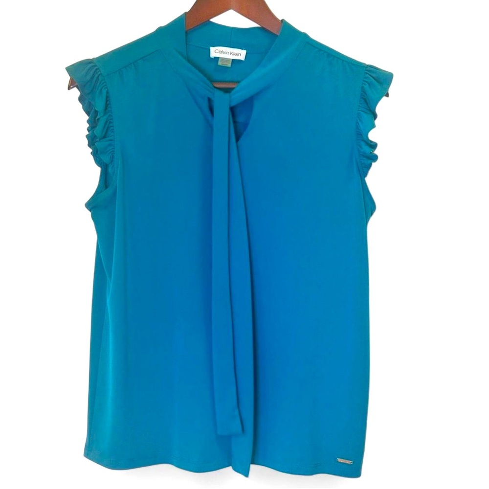 Calvin Klein Blue green blouse with ruffle sleeves and tie neck size M